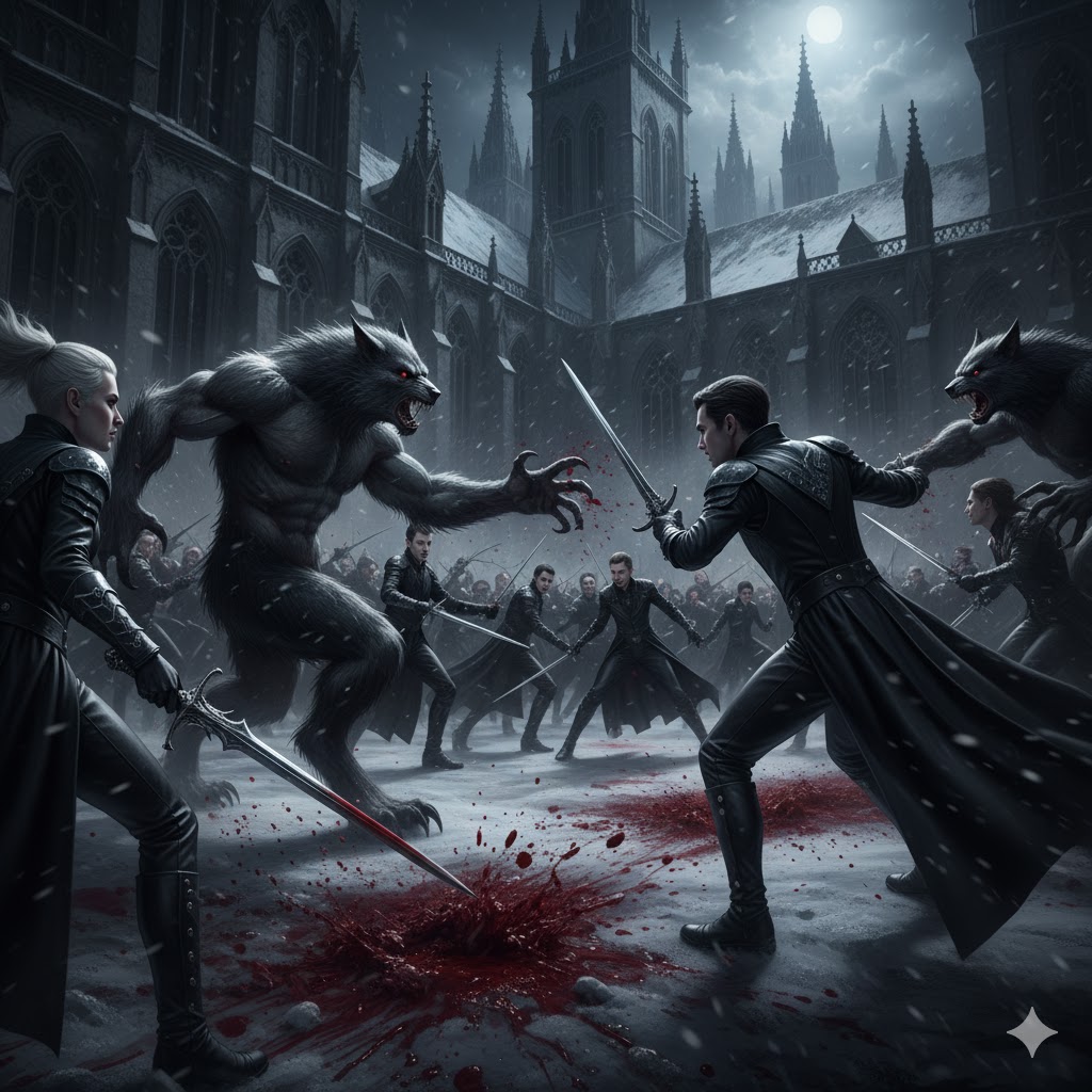 Brutal combat between werewolves and vampires in snow-covered courtyard, dynamic action, moonlit battle